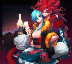  1girl black_wristband blue_eyes blue_hair blue_sash breasts bulchi closed_mouth dougi dragon_ball dragon_ball_gt dragon_ball_heroes fusion fusion_dance gogeta hetero husband_and_wife large_breasts long_hair metamoran_vest monkey_boy monkey_tail multicolored_hair multiple_boys muscular muscular_male navel ommmyoh pants red_fur saiyan sash sidelocks smile spiked_hair super_saiyan super_saiyan_4 tail time_patrol_(dragon_ball) twitter_username two-tone_hair vegetto vegetto_(xeno) vest 