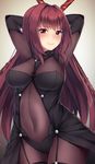  armpits arms_behind_head bodysuit breasts covered_navel fate/grand_order fate_(series) gae_bolg highres hinacalibur large_breasts long_hair polearm purple_bodysuit purple_hair red_eyes scathach_(fate)_(all) scathach_(fate/grand_order) solo spear weapon 
