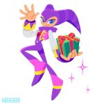 1:1 ambiguous_gender anthro blue_eyes christmas clothing floating_hands gem gift hi_res holidays humanoid jester logo long_sleeves looking_at_viewer nightmaren nights nights_into_dreams not_furry official_art purple_clothing sega simple_background smile solo sparkles star tight_clothing uno_yuuji