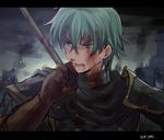  angry armor bangs blood blood_on_face blue_eyes brown_gloves cape darkness ephraim fire_emblem fire_emblem:_seima_no_kouseki gloves green_eyes green_hair highres kometubu0712 male_focus pauldrons polearm ruins serious smoke solo spear weapon 