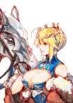  1girl ahoge arm_at_side armored_animal artoria_pendragon_(fate) artoria_pendragon_(lancer)_(fate) bare_shoulders blonde_hair blue_leotard braid braided_bun breasts cape cleavage cleavage_cutout closed_mouth clothing_cutout commentary crown dun_stallion_(fate) fate/grand_order fate_(series) fur-trimmed_cape fur_trim gold_trim green_eyes hair_between_eyes hair_bun hand_up horse itou_misei large_breasts leotard looking_at_animal petting red_cape simple_background sleeveless sleeveless_turtleneck_leotard smile solo turtleneck_leotard twitter_username upper_body white_background 