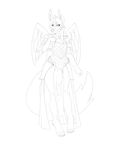  anthro armor autumm_airwave canine clothed clothing female greyscale loincloth looking_at_viewer mammal monochrome smile solo standing wings 