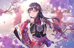  black_eyes black_hair cherry_blossoms flower hair_flower hair_ornament idolmaster idolmaster_cinderella_girls idolmaster_cinderella_girls_starlight_stage japanese_clothes kimono kobayakawa_sae long_hair outstretched_arms smile solo ultone_(neisiss) 