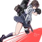  1girl adapted_turret asymmetrical_bodysuit black_bodysuit blue_sailor_collar blush bodysuit brown_hair cannon dated elbow_gloves furutaka_(kancolle) furutaka_kai_ni_(kancolle) gegeron gloves glowing glowing_eye hair_ornament hairclip highres kantai_collection kerchief kneehighs machinery neckerchief pleated_skirt red_neckerchief rigging sailor_collar school_uniform serafuku short_hair signature single_elbow_glove single_kneehigh single_sock single_thighhigh skirt smokestack socks solo thighhighs turret yellow_eyes 