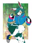 5_fingers alpha_channel anthro biped bottomwear clothed clothing eyebrows female fingers footwear green_hair hair hi_res lagomorph leporid mammal munkeesgomu open_mouth rabbit scut_tail shoes short_tail shorts solo tail