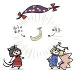  2girls animal_ear_headwear animal_ears bakeneko banana blonde_hair blue_tabard blush brown_hair cat_ears cat_girl chen chibi dress emphasis_lines food fox_ears fox_girl fox_tail fruit gap_(touhou) green_headwear hat kitsune lowres medium_hair mob_cap multiple_girls red_skirt red_vest renge_(geso) shirt skirt standing standing_on_one_leg tabard tail touhou vest white_dress white_headwear white_shirt yakumo_ran 