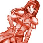  1girl alisa_landeel arm_guards armor breasts closed_mouth dutch_angle hairband hand_on_own_hip highres long_hair looking_at_viewer medium_breasts minamoto80486 monochrome phantasy_star phantasy_star_i red_theme ringed_eyes shoulder_armor simple_background smile solo white_background 