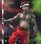 alphasabre anthro bare_chest canid canine canis christmas cigar cigar_in_mouth clothed clothing costume dancing hi_res holidays male mammal muscular muscular_anthro muscular_male neon_sign object_in_mouth pole pole_dancing sabre_(sabrethewolf) santa_costume sign solo strip_club stripper_pole topless wolf