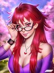  absurdres adjusting_eyewear artist_name ayya_saparniyazova black_nails blurry breasts cherry_blossoms cleavage collarbone depth_of_field glasses gumroad_reward highres huge_filesize jewelry karin_(naruto) large_breasts nail_polish naruto naruto_(series) naruto_shippuuden necklace paid_reward pink_lips red_eyes red_hair smile solo sparkle watermark web_address wristband 