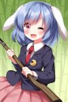  1girl ;d animal_ears antique_firearm bamboo bamboo_forest black_jacket blazer blue_hair blush breasts collared_shirt commentary_request floppy_ears forest gun highres holding holding_weapon jacket long_sleeves medium_hair musket nature necktie one_eye_closed open_mouth pink_skirt pleated_skirt rabbit_ears red_eyes red_necktie reisen_(touhou_bougetsushou) ruu_(tksymkw) shirt skirt small_breasts smile solo touhou upper_body weapon white_shirt 