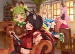  5girls :3 :d absurdres animal_ear_fluff animal_ears armchair bare_shoulders bear_ears bear_hair_ornament black_hair blanket blonde_hair brown_eyes chair commentary_request cup cutlery detached_sleeves eyebrows_visible_through_hair eyes_closed fox_ears gloves green_eyes green_hair hair_ornament hairclip haneru_channel haneru_inaba highres hinokuma_ran holding inari_kuromu indoors izumi_sai japanese_clothes kimono long_hair long_sleeves multicolored_hair multiple_girls nintendo_switch one_eye_closed open_mouth paw_gloves paw_print paws pink_hair plant plate potted_plant puffy_short_sleeves puffy_sleeves red_eyes red_kimono red_skirt sailor_collar saliva shoes short_sleeves sitting skirt sleeping smile smug sneakers souya_ichika streaked_hair teacup thick_eyebrows tray umori_hinako vest white_vest window 