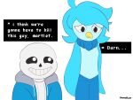 anthro avian beak bird blue_body bone clothed clothing dialogue digital_media_(artwork) duo english_text female hair hi_res humanoid i_think_we&#039;re_gonna_have_to_kill_this_guy male martlet_(undertale_yellow) meme moonabloom not_furry sans_(undertale) simple_background skeleton smile text undead undertale undertale_(series) undertale_yellow white_body wings