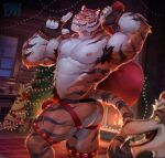 absurd_res anthro armpit_hair barazoku big_muscles body_hair bulge butt canid canine canis christmas christmas_present christmas_tree claws clothed clothing epic_games eye_scar facial_scar fangs felid fingerless_gloves fortnite fur gift gloves grin handwear hi_res holidays jingle_bell_legband jockstrap jockstrap_only looking_at_viewer male mammal mostly_nude muscular muscular_anthro muscular_male nipples orange_body orange_fur oscar_(fortnite) pantherine pecs physen plant sack scar smile solo striped_body striped_fur stripes teeth tiger topless tree underwear underwear_only wendell_(fortnite) whiskers wolf