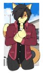 alpha_channel anthro biped black_hair clothed clothing dipstick_tail domestic_cat eye_patch eyewear felid feline felis hair hi_res male mammal markings munkeesgomu munks_(munkeesgomu) solo tail tail_markings