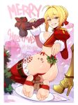  1boy 1girl ahoge armored_boots ass blonde_hair boots box christmas dark-skinned_male dark_skin erection fate/extra fate_(series) feet gift gift_box glory_hole green_eyes grin hetero highres looking_at_viewer merry_christmas nero_claudius_(fate) nero_claudius_(fate/extra) panties penis penis_grab penis_ribbon red_panties red_thighhighs rezodwel ribbon smile soles solo_focus stirrup_legwear testicles thighhighs toeless_legwear toes uncensored underwear unworn_footwear 