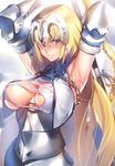  areola armor breasts fate/apocrypha fate/stay_night kurumiya_hato no_bra open_shirt ruler_(fate/apocrypha) torn_clothes weapon wet 
