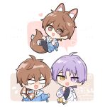  2boys animal_ears brown_eyes brown_hair eiden_(nu_carnival) fox_boy fox_ears fox_tail heterochromia kuya_(nu_carnival) long_sleeves looking_at_viewer male_focus mole mole_under_eye multiple_boys nu_carnival purple_eyes purple_hair rabi_(swordofthestone) short_hair tail yaoi yellow_eyes 