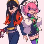  2girls belt belt_buckle black_hair bracelet buckle buttons carmine_(pokemon) collared_shirt commentary_request dynamax_band eyelashes eyeshadow fanny_pack gloves hairband hands_up holding holding_poke_ball jacket jewelry klara_(pokemon) long_hair looking_at_viewer makeup multiple_girls one_eye_closed open_clothes open_jacket pants partially_fingerless_gloves pink_hair poke_ball poke_ball_(basic) pokemon pokemon_sv pokemon_swsh purple_eyes red_gloves ring shirt shorts single_glove smile thighhighs tyako_089 white_hairband white_jacket yellow_bag yellow_hairband 