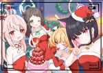  4girls after-school_sweets_club_(blue_archive) ahoge airi_(blue_archive) battery_indicator bell black_choker black_hair blonde_hair blue_archive breasts cake choker christmas_ornaments cleavage closed_mouth colored_inner_hair dress flat_chest food fruit gelulu green_eyes green_halo halo hat kazusa_(blue_archive) long_hair medium_breasts multicolored_hair multiple_girls natsu_(blue_archive) open_mouth pink_hair pink_halo pom_pom_(clothes) recording red_dress red_eyes red_headwear santa_costume santa_hat short_hair side_ponytail small_breasts smile strapless strapless_dress strawberry timestamp twintails twitter_username v viewfinder yellow_eyes yellow_halo yoshimi_(blue_archive) 