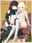  2girls absurdres alternate_costume artist_name black_hair blonde_hair box breasts christmas commentary_request couch detached_sleeves edgar_syu garter_straps gift gift_box green_panties green_sleeves green_sweater green_thighhighs highres inoue_takina large_breasts long_hair looking_at_viewer lycoris_recoil medium_breasts meme_attire multiple_girls navel nishikigi_chisato on_couch panties purple_eyes red_eyes ribbed_legwear ribbed_panties ribbed_sleeves ribbed_sweater ribbed_thighhighs short_hair sitting sleeveless sleeveless_sweater sleeveless_turtleneck sleeves_past_wrists sweater thighhighs turtleneck turtleneck_sweater underboob underwear virgin_destroyer_sweater white_garter_straps white_panties white_sleeves white_sweater 