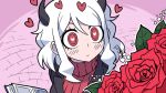  1girl :/ black_jacket blush book bouquet demon_girl demon_horns flower heart helltaker horns jacket kyo-hei_(kyouhei) modeus_(helltaker) red_eyes red_flower red_rose red_sweater rose sweater 