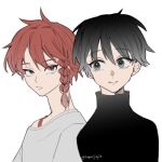  2boys black_eyes black_hair black_sweater braid closed_mouth expressionless facing_viewer grey_background grey_eyes grey_shirt looking_at_another looking_at_viewer maeno_aki male_focus multiple_boys red_hair red_tank_top shirt short_hair simple_background smile sweater tank_top tsugino_haru turtleneck turtleneck_sweater twitter_username wis_(actualfkingvoid) zeno_(game) 