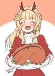  1girl ^_^ blonde_hair blush cherry_tomato christmas closed_eyes dated dress fake_antlers food highres holding holding_plate kantai_collection kirisawa_juuzou long_hair long_sleeves looking_at_viewer open_mouth plate ranger_(kancolle) red_dress signature simple_background solo tomato translation_request two-tone_background 