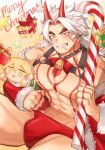 1boy aether_(genshin_impact) alternate_costume alternate_muscle_size arataki_itto bara box briefs bulge candy candy_cane chest_harness christmas feet_out_of_frame food genshin_impact gift gift_box grin harness heithanoll highres holding holding_candy holding_candy_cane holding_food large_pectorals looking_at_viewer male_focus male_underwear merchandise merry_christmas muscular muscular_male o-ring o-ring_top pectorals red_male_underwear santa_costume short_hair sitting smile solo thick_eyebrows thighs underwear 