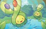  :d black_eyes budew bush commentary_request day grass hossey_kuroneko looking_up no_humans open_mouth outdoors pokemon pokemon_(creature) puddle smile tree water 