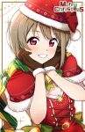  1girl asymmetrical_hair bell belt bow brown_hair capelet criss-cross_straps dress fur-trimmed_capelet fur_trim green_bow grin hands_on_own_cheeks hands_on_own_face hat highres love_live! love_live!_nijigasaki_high_school_idol_club merry_christmas nakasu_kasumi neck_bell red_capelet red_dress red_eyes santa_hat scarf sidelocks simple_background smile solo swept_bangs tagme upper_body usausaoketsu waist_bow 