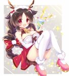  1girl antlers arm_under_breasts azur_lane bare_shoulders bell black_hair border bow bowtie braid breasts christmas cleavage detached_sleeves dress fake_antlers fang garter_straps hair_bow heart large_breasts long_hair looking_at_viewer neck_bell official_alternate_costume ooshio_(azur_lane) ooshio_(the_reindeer&#039;s_present)_(azur_lane) open_mouth outside_border parted_bangs pink_footwear red_bow red_dress red_eyes reindeer_antlers shikito skin_fang solo sparkle thighhighs twin_braids two-tone_dress white_border white_dress white_garter_straps white_sleeves white_thighhighs 