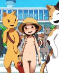 4:5 ambiguous_gender anthro backpack blush calico_cat casual_nudity clothed clothing dark_nipples domestic_cat exhibitionism felid feline felis female group hat headgear headwear hi_res human mammal navel nekobungi pubes