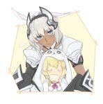  1boy 1girl :/ absurdres aged_down animal_ears armlet armor black_gloves black_hairband blonde_hair blue_eyes caenis_(fate) closed_eyes closed_mouth colored_eyelashes cosplay cup dark-skinned_female dark_skin drinking elbow_gloves fate/grand_order fate_(series) fou_(fate) fou_(fate)_(cosplay) gloves guimp hair_intakes hairband headpiece highres holding holding_cup horse_ears kigurumi kirschtaria_wodime light_blush long_hair looking_at_viewer pauldrons shoulder_armor sitting_between_lap teacup upper_body white_hair 
