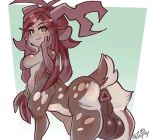 anthro antlers anus balls big_balls breasts butt coire_crepusc deer fur genitals hair herm horn intersex looking_at_viewer looking_back mammal mochidango nude puffy_anus pussy raised_tail rear_view simple_background smile smug solo spots spotted_body spotted_fur standing tail taur