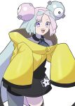  1girl :d bow-shaped_hair character_hair_ornament commentary_request green_hair grey_shirt hair_ornament happy highres iono_(pokemon) jacket kusunoki_toona long_hair looking_at_viewer multicolored_hair open_mouth pink_hair pokemon pokemon_sv purple_eyes shirt single_leg_pantyhose sleeveless sleeveless_shirt sleeves_past_fingers sleeves_past_wrists smile solo star_(symbol) star_print teeth thigh_strap tongue two-tone_hair upper_teeth_only yellow_jacket 