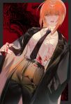  1girl abstract_background black_coat black_necktie black_pants blood blood_on_clothes braid chainsaw_man coat cowboy_shot dutch_angle highres long_hair makima_(chainsaw_man) necktie open_mouth pants pink_hair sidelocks smile solo uyu_1028 wing_collar 