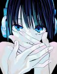  1girl bare_shoulders black_background blue_eyes blue_hair fingernails hands_up headphones highres looking_at_viewer original own_hands_together parted_lips solo straight_hair upper_body urokogaran 