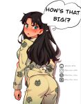  1girl animal_print artist_name ass black_hair blue_eyes blush breasts cat_print discord_logo emiya_shirou english_commentary english_text fate/stay_night fate_(series) genderswap genderswap_(mtf) highres instagram_logo long_hair long_sleeves looking_back medium_breasts open_mouth pajamas parted_bangs parted_lips pen-pen_arts pixiv_logo print_pajamas sequential simple_background solo thought_bubble tohsaka_rin twitter_logo white_background yellow_pajamas 