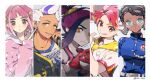  2girls 3boys :o amarys_(pokemon) belt black_hair border breasts collage collarbone crispin_(pokemon) curtained_hair dark-skinned_female dark_skin dot_nose drayton_(pokemon) eyelashes glasses glint grey_hair highres holding holding_poke_ball kawasaki_(kwsk_8765) kieran_(pokemon) lacey_(pokemon) medium_hair multicolored_hair multiple_boys multiple_girls pink_hair poke_ball pokemon pokemon_sv purple_hair red_hair short_hair sideburns slit_pupils tongue tongue_out two-tone_hair white-framed_eyewear white_border white_hair yellow_eyes 