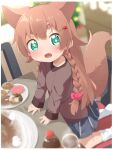  +_+ 1girl animal_ears blue_eyes bow braid brown_hair brown_sweater commentary_request dog_ears dog_girl dog_tail doughnut fangs food grey_skirt hair_bow hair_ornament hairclip highres kneeling long_hair long_sleeves looking_at_viewer makuran miniskirt momiji_(makuran) open_mouth original pleated_skirt red_bow skirt socks solo sweater tail thick_eyebrows twin_braids white_socks 