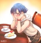  1boy bare_arms blue_hair blush blush_stickers bracelet brown_eyes brown_skirt cake cake_slice chinanago7010 commentary_request cup elbows_on_table embarrassed food glasses hands_on_own_cheeks hands_on_own_face highres hood hoodie jewelry male_focus miniskirt on_chair original otoko_no_ko plaid plaid_skirt pleated_skirt short_hair sitting skirt sleeveless sleeveless_hoodie teacup watch white_hoodie wristwatch 