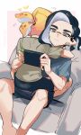  2boys black_hair blonde_hair border closed_mouth commentary couch earrings grey_eyes grey_shirt handheld_game_console heart highres holding holding_handheld_game_console inkling inkling_boy jewelry jinkobanana male_focus medium_hair multiple_boys nintendo_switch on_couch on_lap pointy_ears ponytail shirt short_hair splatoon_(series) symbol-only_commentary tentacle_hair white_border yaoi 