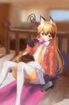  animal_ears bad_id bad_pixiv_id black_gloves blazer blonde_hair blurry bow brown_eyes brown_hair closed_mouth depth_of_field eating eyebrows_visible_through_hair ezo_red_fox_(kemono_friends) food fox_ears fox_tail fur_trim gloves hair_between_eyes handheld_game_console holding jacket japari_bun japari_symbol kemono_friends long_hair long_sleeves looking_away lying multicolored_hair navel necktie on_back on_bed open_blazer open_clothes open_jacket open_shirt partially_unbuttoned playstation_vita pleated_skirt rokuroku_(xd_p) shirt skirt solo squiggle tail two-tone_hair very_long_hair white_bow white_skirt yellow_neckwear 