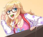  bespectacled blonde_hair blue_eyes blush breast_rest breasts candy cleavage dan_(orange_train) food glasses idolmaster idolmaster_cinderella_girls jewelry large_breasts lollipop long_hair looking_at_viewer necklace ootsuki_yui open_mouth smile solo star 