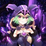  1girl armor artist_name black_gloves breastplate breasts cicin_mage_(genshin_impact) closed_mouth commentary commission detached_sleeves electricity electro_cicin_mage_(genshin_impact) eloru english_commentary eyelashes fake_horns forest fur-trimmed_sleeves fur_trim genshin_impact gloves green_hair half_gloves heart heart_hands highres horns long_sleeves looking_at_viewer nature outdoors pauldrons pink_lips purple_background purple_hood purple_horns purple_sleeves red_eyes short_hair shoulder_armor smile solo underboob upper_body vision_(genshin_impact) watermark 