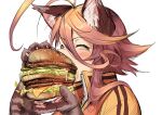  1girl absurdres ad ahoge animal_ears animal_hands big_mac blush brown_hair brown_jacket burger cat_ears closed_eyes commentary_request double-decker_hamburger_bun eating food from_side full_mouth highres holding holding_food huge_ahoge jacket open_mouth original parody simple_background solo too_much_burger white_background yagatake_arashi yana_(nekoarashi) 