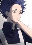  bags_under_eyes blue_hair boku_no_hero_academia expressionless half-closed_eyes hand_on_own_neck hari_mha jacket male_focus pale_skin shinsou_hitoshi short_sleeves simple_background solo track_jacket track_suit upper_body white_background 