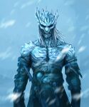  a_song_of_ice_and_fire black_sclera blue_eyes blue_skin closed_mouth collarbone colored_sclera colored_skin detached_sleeves game_of_thrones guillem_dauden highres ice looking_at_viewer monster night_king_(game_of_thrones) pectorals redesign shoulder_spikes snow spikes topless undead upper_body white_hair white_walker_(a_song_of_ice_and_fire) winter wrinkled_skin 