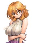  &gt;:) amania_orz bare_arms bare_shoulders breast_hold breasts closed_mouth commentary_request dated hair_between_eyes ishino_mikoto large_breasts older orange_eyes orange_hair ribbed_shirt shirt short_hair sketch sleeveless sleeveless_turtleneck smile solo tomica_hyper_rescue_drive_head:_kidou_kyuukyuu_keisatsu turtleneck twitter_username upper_body v-shaped_eyebrows 