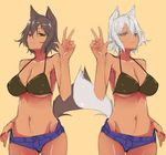  alternate_color animal_ears bare_shoulders bikini bikini_top black_bikini_top black_eyes black_hair blue_eyes blue_shorts breasts cleavage closed_mouth commentary_request denim denim_shorts eyebrows_visible_through_hair fang fang_out hair_between_eyes halterneck inubashiri_momiji kurokuro large_breasts light_smile midriff navel shiny shiny_skin short_hair short_shorts shorts simple_background sketch solo standing swimsuit tail touhou v white_hair wolf_ears wolf_tail 